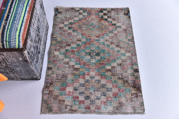 2x3 Vintage Doormat Rug, 2x3 Colorful Doormat, Chechkered Design, 2x3 Bath Mat, 2x3  Door Mat, 2x3 Accent Rug, Vintage Rug, Small Rug