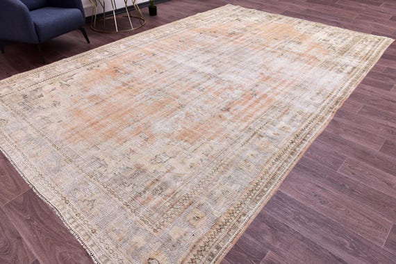 8x12 Oversize Vintage Faded Area Rug, 8x12 Muted Orange Blue Rug, Handmade Wool Rug, 8x12 Area Rug, Farmhouse Rug, 8x12 Living Room Rug