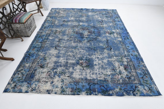 7x10 BLUE TURKISH VINTAGE Carpet Rug, Handmade Blue Wool Rug, Oversized Rug, Large Area Rug, 7x10 Turkish Rug, 7x10 Rug,7056