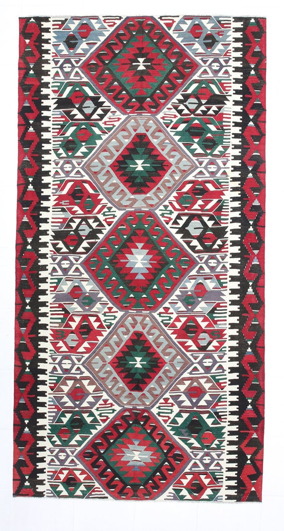 5x10 Area Rug, 5x10 Tribal Kilim, 5x10 TURKISH VINTAGE KILIM Rug, 5x10, Oushak Handmade Kilim, Red & Green Kilim, Rug For Living Room, 60s
