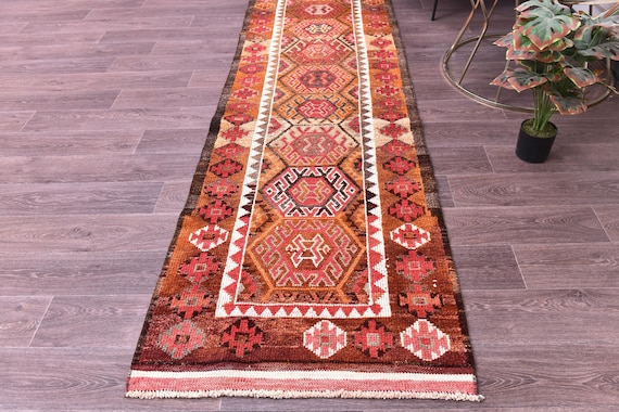 3x14 Runner Rug, 3x14 Vintage Runner, 3x14 GEOMETRIC RUNNER RUG, 3x14 Wool Handwoven Rug, Kilim Runner 3x14 Red & Peach Runner Rug