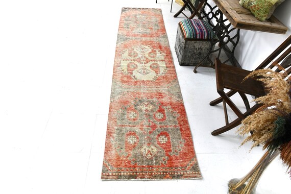 2x11 Red Turkish Vintage Runner Rug, 3x11 Vintage Runner, 3x11 Rug, Soft Handmade Wool Rug, 3x11 Turkish Runner, Red & Brown Carpet, 58s
