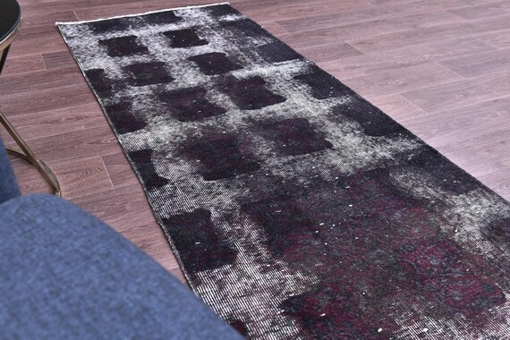 2x9 Vintage Overdyed Check Runner Rug, Handmade Wool Rug, 2x9 Purple  Blue Color, 2x9 Hallway Rug 2x9 Kithcen Runner Rug, Farmhouse Style