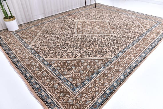 10x13 Brown & Navy Blue Persian Rug, Oversize Persian Rug Large Area Rug 10x13 Rugs Handmade Wool Rug 10x13 Vintage Rug Living Room Rug 55s