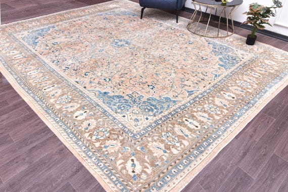 10x12 Antique Salmon Persian Rug, Salmon Brown Blue Color, Handmade Luxury Rug, 10x12  Large Area Rug, Living Room Rug, 10x12 Oriental Rug