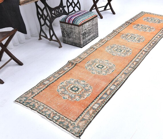 3x10 ORIENTAL TURKISH VINTAGE Rug, 3x10 Vintage Runner, 3x10, Aesthetic Handmade Rug, 3x10 Runner Rug, Orange Teal Rug, 3x10 Turkish Runner