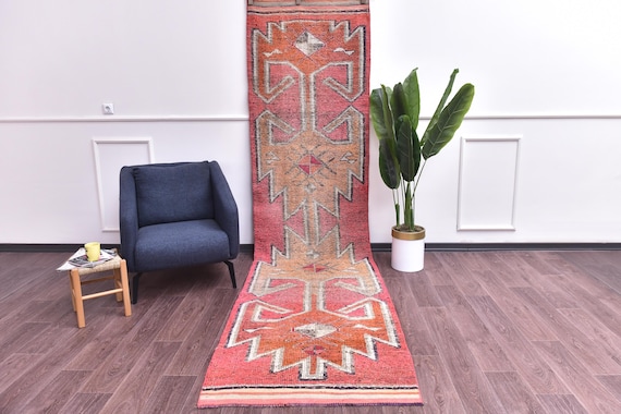 3x12 Vintage Soft Runner Rug, Handmade Wool Runner, 3x12, Hallway Rug, 3x12 Farmhouse Decor, Kithcen Rug, Coral Red Orange Color, Rugs