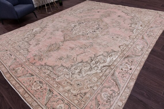 9x12 Antique Salmon Persian Area Rug, Salmon Brown Green Color Rug, 9x12 Handmade Wool Rug, Large Area Rug, 9x12 Rug, Traditional Wool Rug,