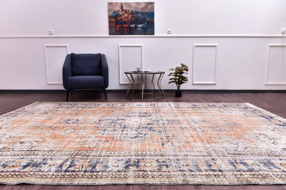 7x11 Vintage Faded Rug, Orange Rug, 7x11 Floral Area Rug, 7x11 Living Room Rug, 7x11 Faded Distressed Rug, 7x11 Handmade Large Area Rug