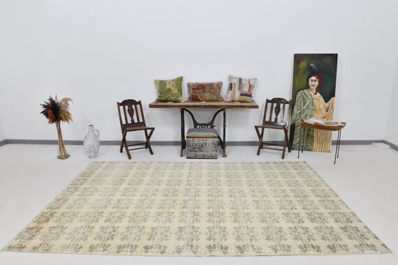 6x10 VINTAGE AREA RUG, 6x10 Beige & Green Floral Vintage Rug, 6x10, Turkey Handmade Rug, 6x10 Rugs, Beige Green Carpet, Rug For Farmhouse