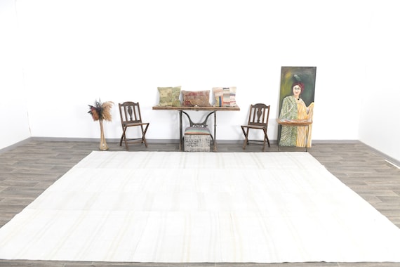 10x13 Area Rug, 10x13 Persian Hemp, 10x13 White & Beige Persian Hemp Rug, Oversized Hemp Rug, Large Area Rug, 10x13 Rug, Soft Pastel Boho