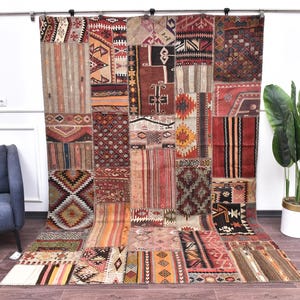 7x10 Vintage Patchwork Kilim Area Rug, Living Room Rug, Burgundy Mustard Black Color, Oriental, Wall Rug