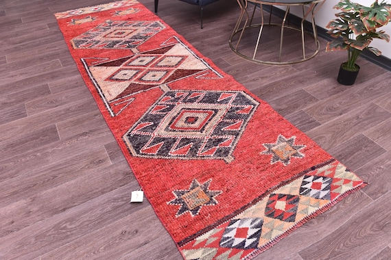 3x10 Vintage Tribal Runner Rug, Red Black Color, Handmade Soft Wool Rug, Hallway Runner Rug