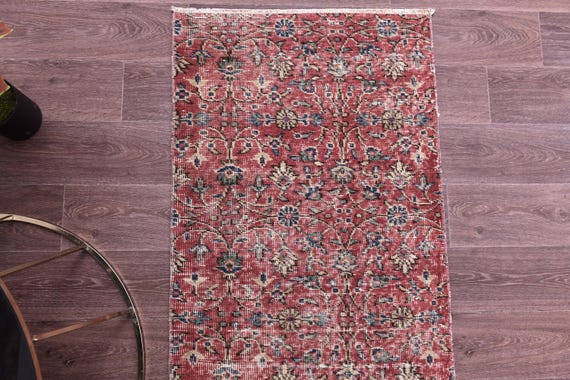 2x6 Handmade Wool Turkish Vintage Rug: 2x6 Faded Green and Red