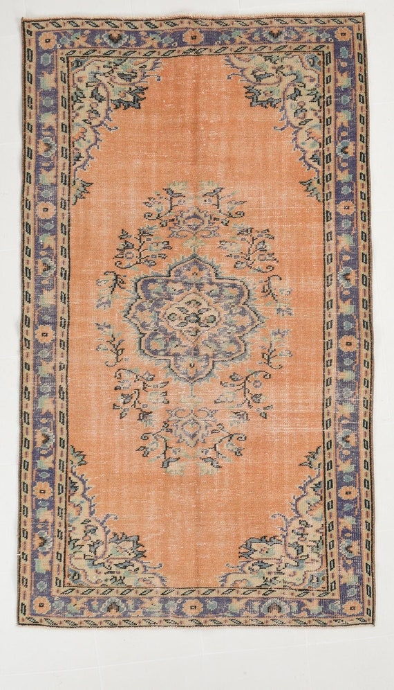 4x8 Area Rug, 4x8 Turkish Rug, 4x8 WOOL TURKISH VINTAGE Rug, 4x8, Oriental Handmade Oushak, 4x8 Rugs, Orange & Dark Blue Rug, Anatolian 59s