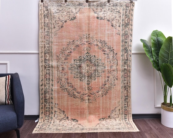5x7 Neutral Vintage Handmade Medallion Turkish Traditional Area Rug, Outlet, Faded