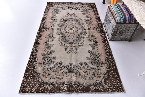 4x7 Vintage Accent Rug, 4x7 Pink Beige Unique Style, Tree of Life Design, 4x7 Distressed Floral Rug, Traditional Home Decor, Wool Rug, Gift