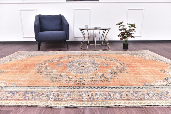 5x9 Vintage Faded Turkish Rug, 5x9 Orange Blue Color,Handmade Wool Rug, Traditional Pattern, 5x9 Farmhouse Rug, 5x9 Living Room Bedroom Rug