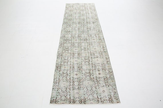 3x9 Green Turkish Vintage Runner Rug, 3x9 Vintage Runner, 3x9 Rug, Rugged Hand Woven Rug, Green & Beige Carpet, 3x9 Turkish Runner, Gift Rug