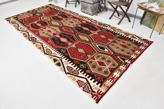6x13 Turkish Vintage Kilim Rug, 6x13 Ethnic Style Red Brown Black Area Rug, Handmade Woo Jute Rug, 6x13 Kilim Rug, Traditional Area Rug