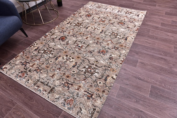 4x8 Vintage  Area Rug, 4x8 Brown Beige Color, Handmade Wool Rug Traditional Home Decor, 4x8 Rug, 4x8 Floral Rug, Accent Rug, Living Room Rug