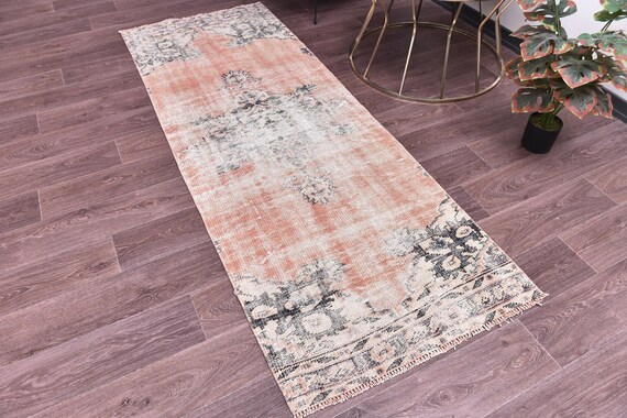 2x7 Vintage Faded Runner Rug, Medallion Design, Handmade Wool, Orange Black Color, Hallway Rug