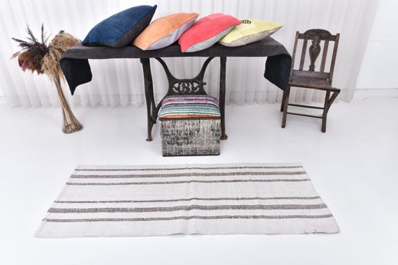 Antique Vintage Turkish Rug, 2x6 Beige & Black Striped Runner Rug, 2x6 Hemp  Runner Rug, 2x6 Eclectic Handmade Natural Soft Wool Runner Rug,