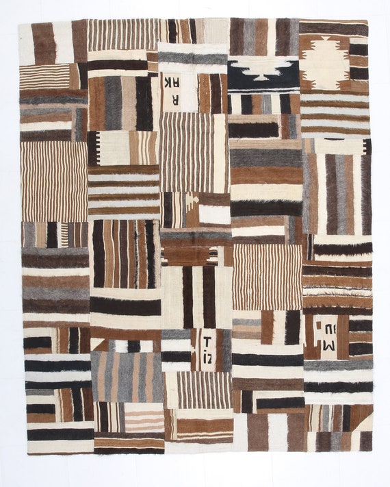 7x8 Area Rug, 7x8 Bohemian & Eclectic Kilim Rug, 7x8, Vintage Kilim Rug, Wool Handmade Oushak, Brown / Cream Kilim, Patchwork Style, Antique