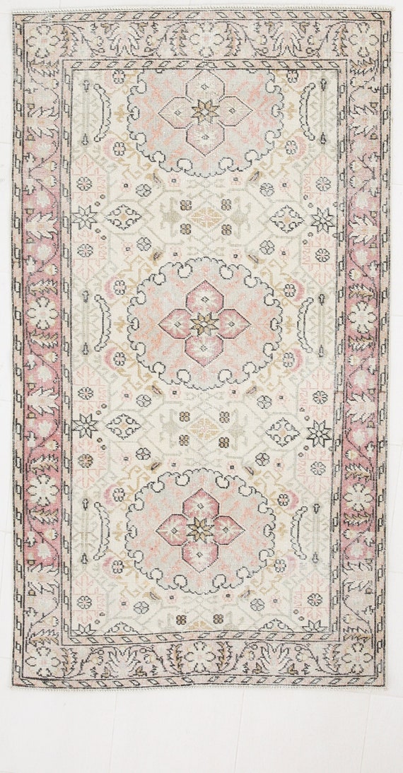 4x7 TURKISH VINTAGE AREA Rug, Shades Of Beige & Black Floral Styles Vintage Rugs Wool Handmade Modern Rustic Carpet Rug For Farmhouse Kilim