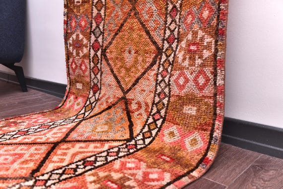 2x10 Hand Woven Vintage Peach Runner Rug, Peach Cream Color, Geometric Pattern, Hallway Rug, Farmhouse Decor