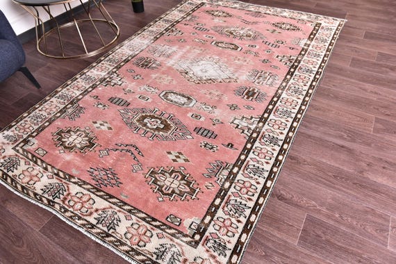 5x9 Vintage Salmon Turkish Rug, Handmade Wool Rug, Traditional Pattern, 5x9 Brown Pink Color, 5x9 Farmhouse Rug, 5x9 Living Room Bedroom Rug