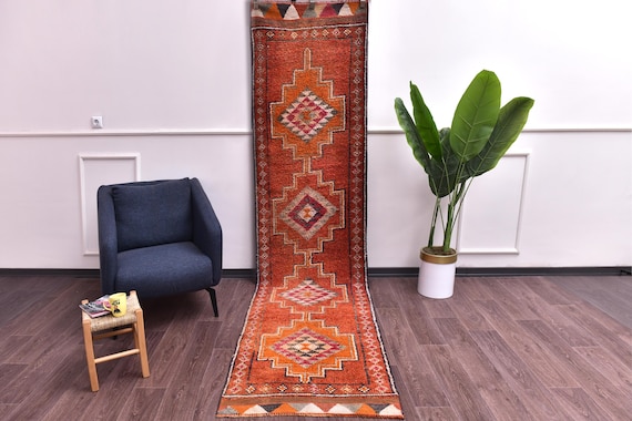 3x11 Vintage Rich Color Runner Rug, Handmade Soft Wool, Traditional Design, Farmhouse Decor,