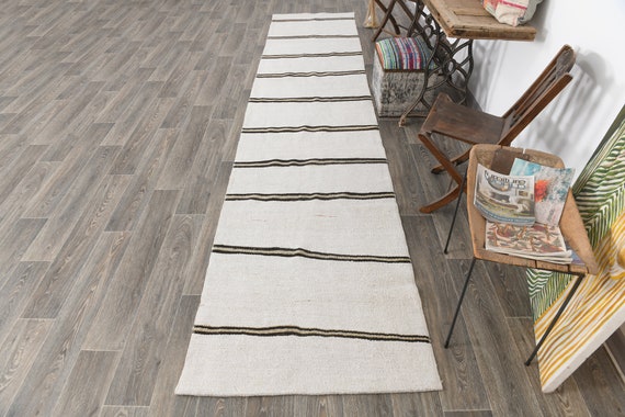 3x15 White Hemp Vintage Runner Rug, 3x15 Vintage Runner, 3x15 Rug, Soft Handmade Hemp Rug, 3x15 Turkish Runner, White & Brown Carpet, 58s