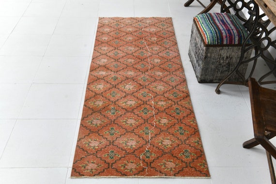 2x7 VINTAGE TURKISH RUNNER Rug, 2x7 Oushak Handmade Rug, 2x7 Rugs, Vintage Runner Rug, Brunt Orange Rug, Short Runner 2x7, Rug For Kitchen