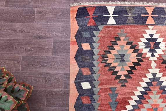 6x12 Vintage Turkish Kilim Area Rug, Terracotta Blue Color, Handwoven Wool Jute Kilim