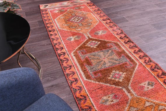 3x10 Vintage Soft Peach Runnner Rug, 3x10 Handmade Wool, 3x10 Peach Cream Color 3x10 Hallway Runner Rug, 3x10 Kithcen Runner Rug, Tribal Rug