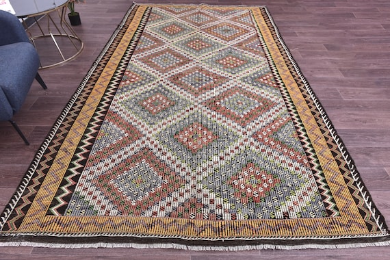 6x11 Vintage Kilim Rug, Geometric Pattern Rug, 6x11 Handmade Wool Jute Rug, Colorful Rug, Living Room Rug, 6x11 Vintage kilim, Area Rug