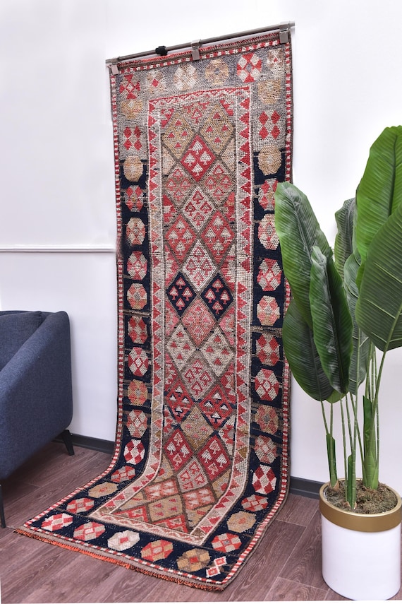 3x8 Vintage Runner Rug, Geometric Runner Rug, Handmade Home Decor, 3x8 Turkish Runner,