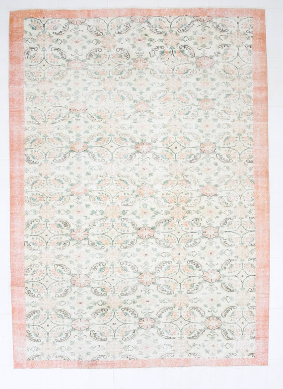 7x9 Area Rug, 7x9 Faded Vintage, 7x9 Soft Turkish Vintage Area Rug, 7x9, Oushak Handmade Antique, Peach & Beige Area Rug, Rug For Nursery