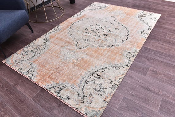 4x7 Vintage Accent Rug, Peach Cream Color, 4x7 Medallion Style, Handmade Wool Rug, 4x7 Persian Style, Oriental Rug 4x7 Area Rug