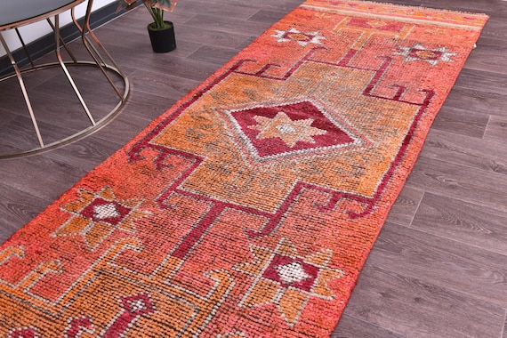 3x11 Vintage Peach Runner Rug, Peach Red Cream Color, Handmade Wool Rug, 3x11 Hallway Kithcen Rug, Soft Wool Rug 3x11 Traditional Runner Rug