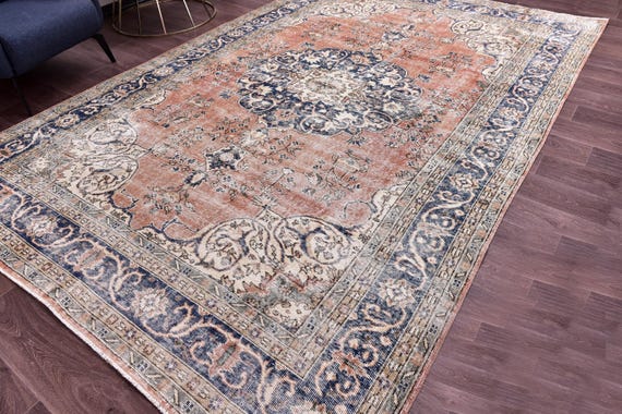 7x11 Vintage Faded Rug, Peach Blue Rug, 7x11 Floral Area Rug, 7x11 Living Room Rug, 7x11 Faded Distressed Rug, 7x11 Handmade Large Area Rug