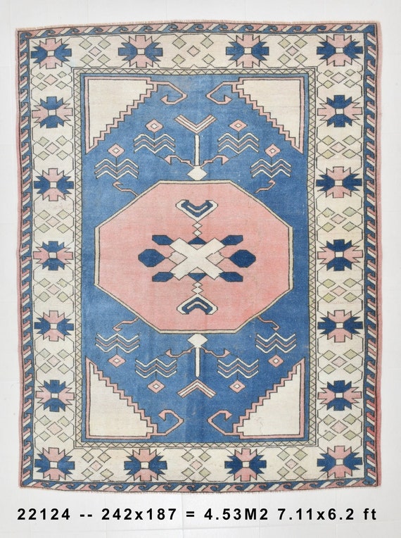 6x8 Area Rug, Vintage Rug 6x8, 6x8 TURKISH VINTAGE CLASSIC Rug, 6x8, Shades Of Pink & Blue, Wool Handmade Oushak, 6x8 Turkish Rug, Anatolian