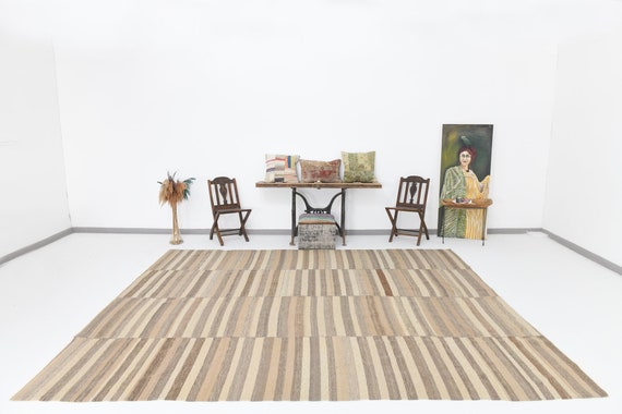 10x12 Area Rug, 10x12 Striped Vintage, 10x12 OVERSIZE BROWN VINTAGE Rug, Large Area Rug, 10x12 Rugs, Wool Handwoven Kilim, Rug For Bedroom