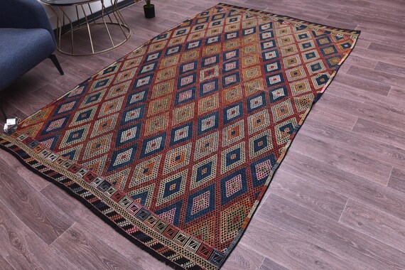 5x9 Vintage Kilim Rug, 6x9 Area Rug, Red Blue Color, 6x9 Handmade Wool Jute Rug, Village Farmhouse Rug, Tribal Turkish Rug, 5x9 Kilim Rug