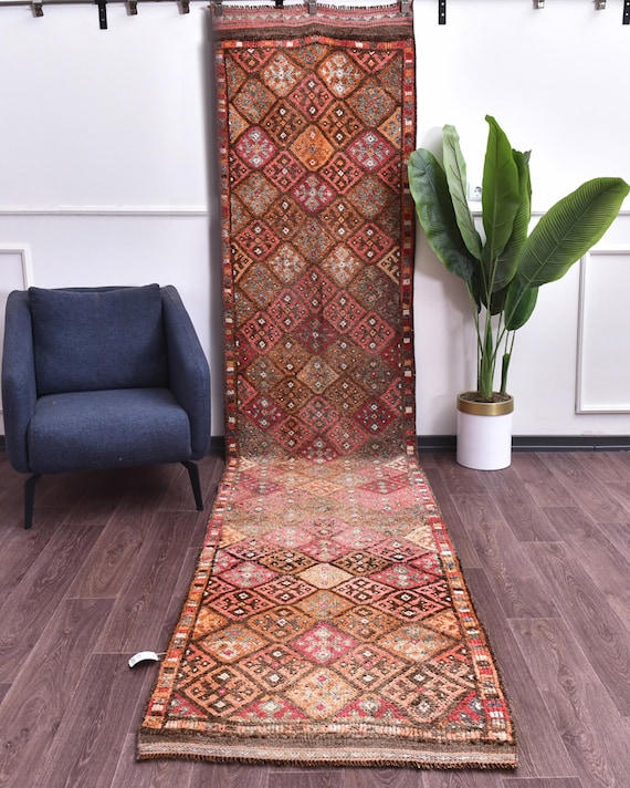 3x13 Vintage Handmade Wool Runner Rug, Burgundy Brown Color, Hallway Kithcen Rug