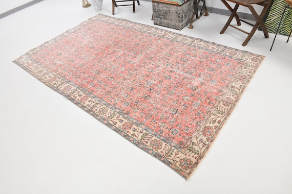 5x9 Coral Pink Turkish Area Rug, 5x9 Botanical Design Rug, 5x9 Ornate Area Rug, Handmade Wool Rug, 5x9 Area Rug, Persian Style Rugged Rug