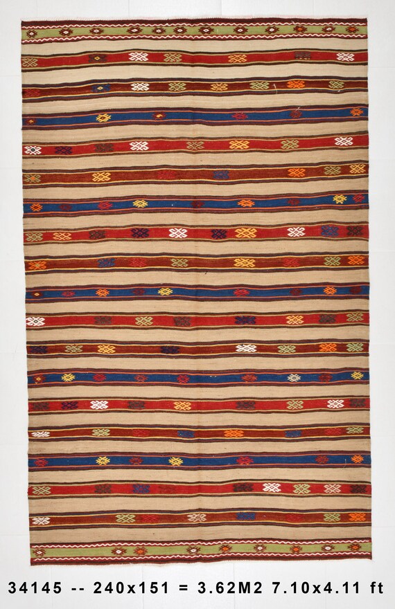 5x8 Rugs, 5x8 Kilim Rug, 5x8 VINTAGE KILIM TURKISH Rug, 5x8, Striped Modernist Style, Red Blue Kilim Rug, Wool Handmade Kilim Rug, Anatolian