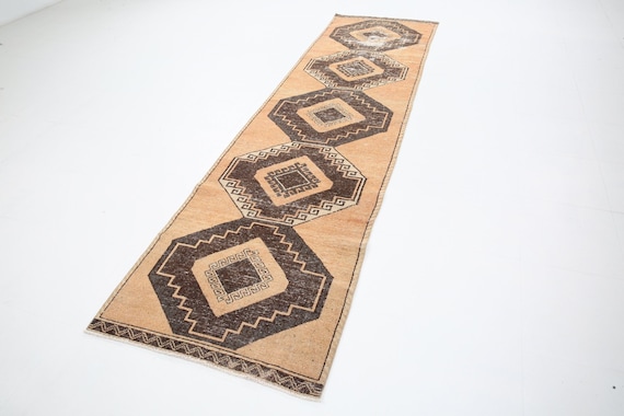 Turkish Vintage Runner Rug - 3x11 Brown Orange Vintage Runner Rug - 3x11 - Wool Handmade Aesthetic - 3x11 Runner Rug - 3x11 Turkish Runner