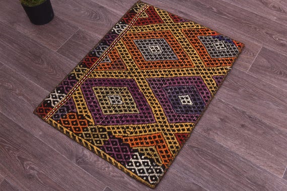 2x2 Vintage Square Doormat Rug, Salmon Gold Purple Color, 2x2 Doormat Rug, 2x2 Rug, 2x2 Vintage Rug, Bedroom Rug, Accent Rug, Antique